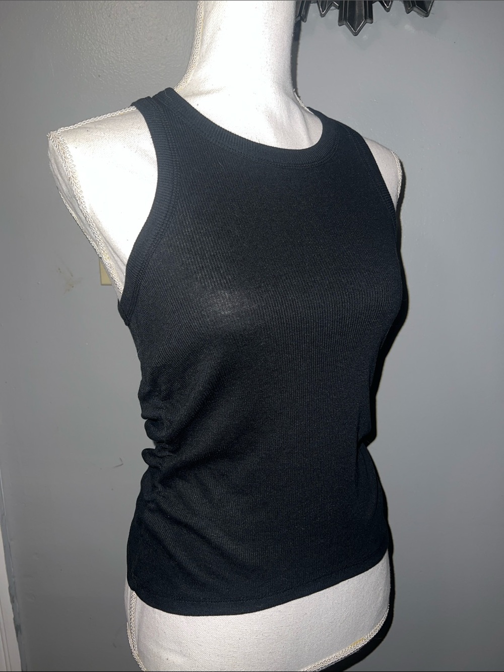 Classic Black Ribbed Tank Top - With Side Gather